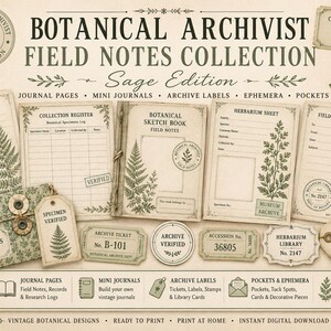 May include: A collection of printable botanical stationery featuring field notes, journal pages, archive labels, and pockets. The set includes vintage-style paper designs with fern illustrations, specimen logs, and museum archive stamps in sage green and cream.