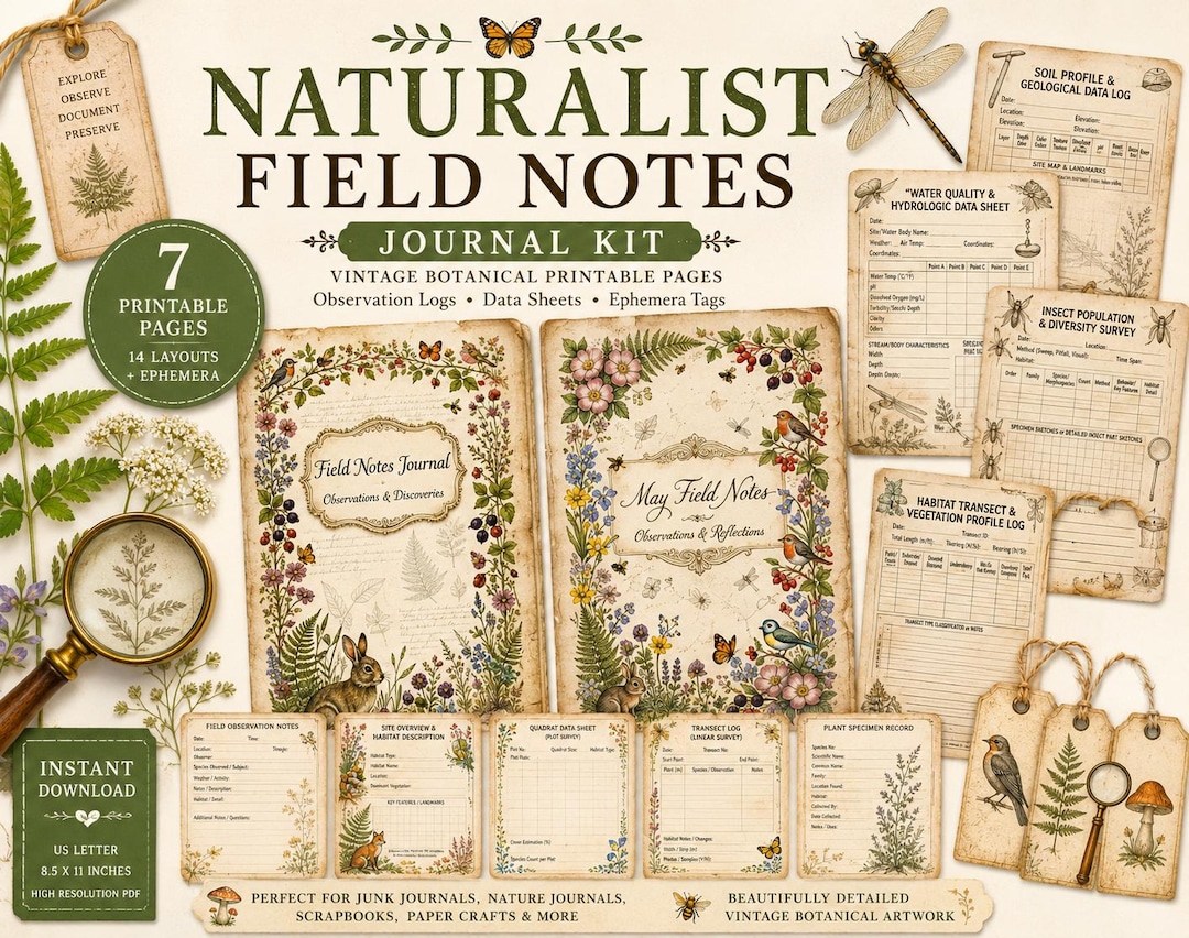 Naturalist Field Notes Journal Kit | Vintage Botanical Printable Pages ...