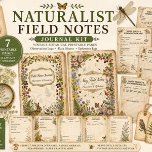 Puede incluir: Un kit de diario Naturalist Field Notes con páginas botánicas vintage imprimibles, registros de observación, hojas de datos y etiquetas efímeras. El conjunto incluye 7 páginas imprimibles con 14 diseños que muestran flora, fauna e insectos.