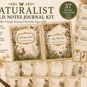 Puede incluir: Un kit de diario de campo Naturalist con páginas imprimibles e ilustraciones botánicas vintage, que incluye dos portadas de diario, hojas de datos y etiquetas decoradas con conejos, pájaros, mariposas y helechos.