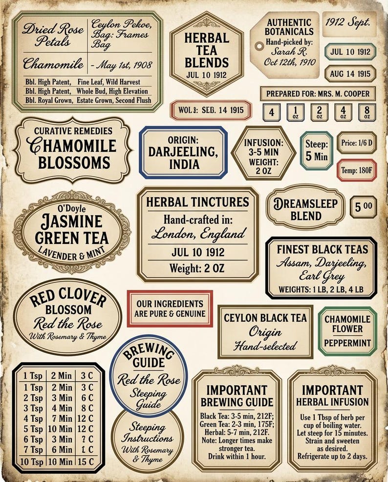 Vintage Tea Labels Printable – Tea Merchant Ephemera Kit – Herbal ...