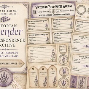 May include: A collection of printable Victorian Lavender Correspondence Archive stationery featuring specimen identification records, field observation forms, and tags. The paper items are decorated with purple lavender illustrations and vintage typography.