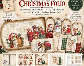 May include: A digital papercraft kit titled Vintage Christmas Folio featuring 13 printable pages and 57 elements. The set includes illustrations of children singing, a cat in a mailbox, a snowman, and Santa, with pockets, tags, and cards.