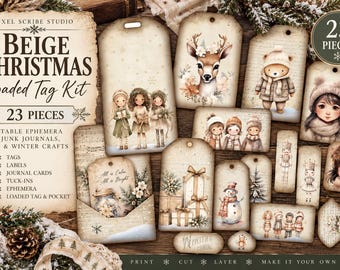 May include: A collection of 23 printable beige Christmas tags and ephemera featuring illustrations of children, a deer, a snowman, and gifts. The set includes various shapes and sizes with vintage-style paper textures and winter-themed graphics.