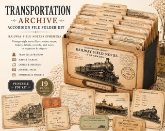Transportation Archive Accordion File Folder Kit | Railway Field Notes | Vintage Train Journal Printable | Tags | Digital Download