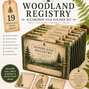 May include: A Woodland Registry accordion file folder kit featuring 19 printable pages, including maps, surveys, labels, tags, field notes, research pages, journal cards, and ephemera. The kit includes a folder with a forest landscape graphic.