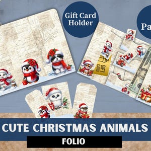 Driebladige kerst Animal Folio Junk Journal | Kousvuller | Digitale download | Thuis afdrukken | Milieuvriendelijk | Geld-/cadeaukaarthouder