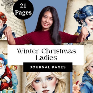 Christmas Ladies Junk Journal Page Collection, 21 pagina's, mooie dames, kerstman, kerstbomen, rendieren, vakantiedagboek, thuis afdrukken