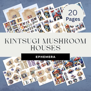 Coleção de itens digitais Kintsugi Mushroom Houses, roxo, azul, amarelo, impressão em casa, tema Cottage Core