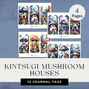 Etichette regalo Cottage Core Mushroom House, etichette jumbo Junk Journal, download digitale, effimere, segnalibro, stampa a casa, riempitivo per calze