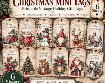 Könnte beinhalten: Ein Set aus druckbaren Weihnachtsgeschenkanhängern im Vintage-Stil mit zwölf einzigartigen Motiven, darunter ein Schneemann, der Weihnachtsmann, ein Rentier, ein roter Lastwagen und ein geschmückter Baum. Die Anhänger sind in zwei Reihen angeordnet.