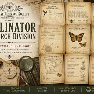 以下が含まれることがあります： Botanical Research Society Pollinator Research Divisionと題された10枚の印刷可能なジャーナルページセット。蝶や蜂のイラストが描かれた観察記録、フィールドレコード、調査シートが含まれており、ヴィンテージ風のデザインが特徴です。