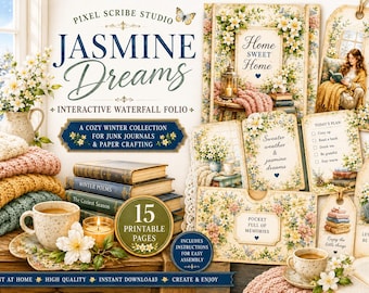 May include: A digital craft kit titled Jasmine Dreams featuring printable pages for junk journals. The collection includes floral-themed tags, cards with text like Home Sweet Home and Sweater weather, and imagery of books, tea, and cozy winter scenes.