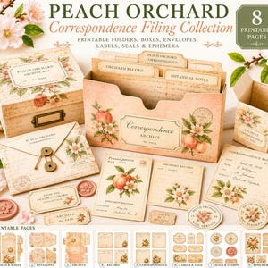 May include: A Peach Orchard Correspondence Filing Collection featuring printable folders, boxes, envelopes, labels, seals, and ephemera. The set includes items with peach and blossom illustrations, vintage script, and text like Peach Orchard Archive Box.