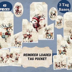 Patchwork Rentier Geladen Anhänger | Wunderliche Junk Journal | Digitaler Download | Drucken Sie zu Hause | Gestopfte Tasche | Geschenkkartenhalter | Mehrschichtiger Anhänger