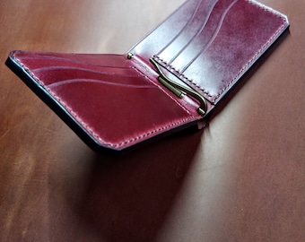 Traditional 6 cards wallet with iron money clip from mahagany red Horween chromexcel.