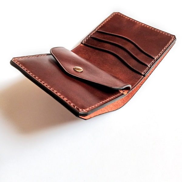 Brown leather wallet vertical cards with coin pocket Horween chromexcel leather