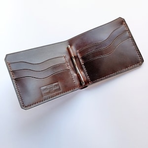 Cartera compacta Horween de cuero plegable, billetera plegable para 6 tarjetas, billetera de bolsillo con clip