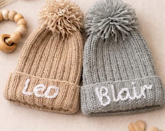 Gorro de punto acanalado personalizado para bebé / Gorro con nombre personalizado / Regalo artesanal para recién nacidos / Gorro de invierno para niños pequeños