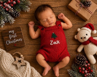 Personalised Christmas Knitted Baby Romper | Custom Name Overalls, 1st Christmas