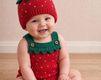 Conjunto de pelele, gorro y patucos de punto con estampado de fresas / Conjunto para fotos de recién nacido, regalo para baby shower