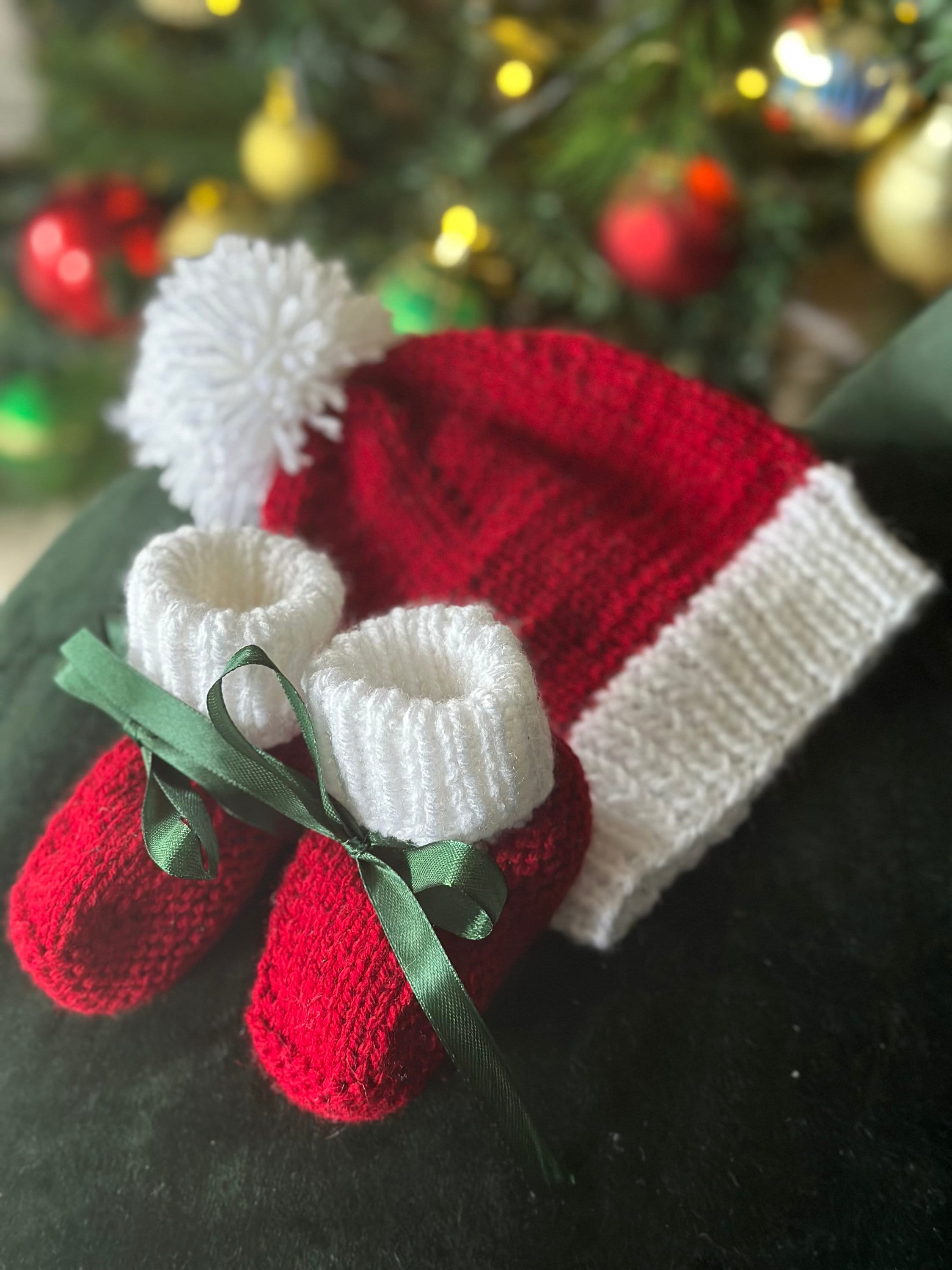 Christmas baby booties and beanie set