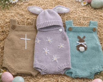 Handgebreide babymutsje met paashaas en konijntje | Pasgeboren fotorekwisiet