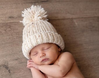 Gorro de bebé color crema con motas / Gorro de punto suave para recién nacido, regalo neutro para baby shower