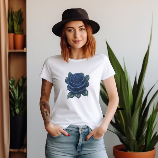 Women's Favorite Tee, blue rose design minimalist casual tee everyday t-shirt rose design gift for a friend single flower unique shirt