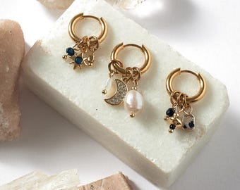 Dainty Gold Hoop Earrings: Natural Stone Charms, Stainless Steel