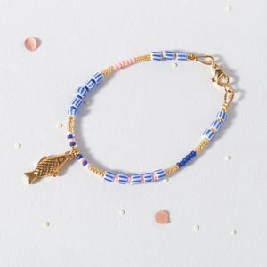 Tiny Fish Charm Bracelet, Dainty White and Blue Beaded Jewelry