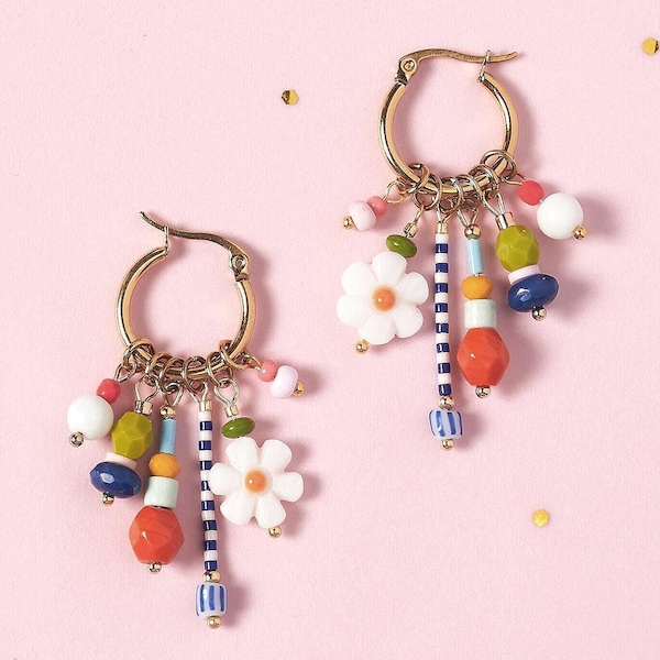Mother of Pearl Daisy Flower Hoop Earrings - Colorful Beaded Charms