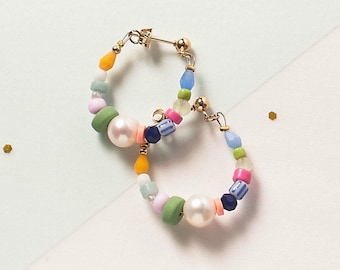 Colorful Beaded Hoop Earrings: Gold Plated, Freshwater Pearl & Czech Glass