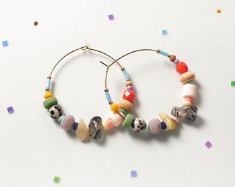 Colorful Gemstone Hoop Earrings, Dalmatian Jasper & Agate Dangle Jewelry
