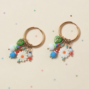 Daisy Charm Hoop Earrings: Mother of Pearl Floral Boho Jewelry