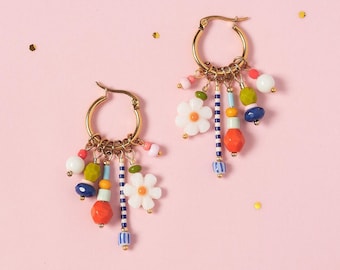 Mother of Pearl Daisy Earrings: 18k Gold Plated Boho Hoops