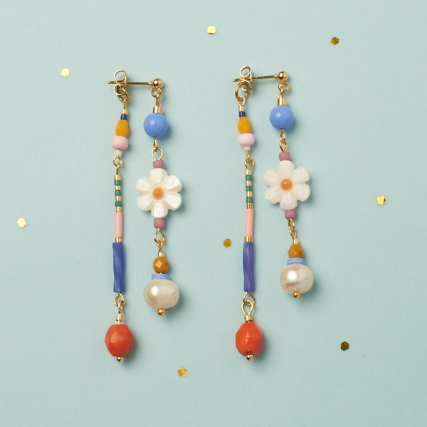 Mother of Pearl Daisy Earrings: Handmade Beaded Gold Plated Posts