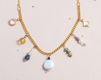 Collier de perles et d'étoiles, collier de pierres naturelles, collier à breloques perlées, collier à breloques multiples, collier de pierres précieuses, collier étoile