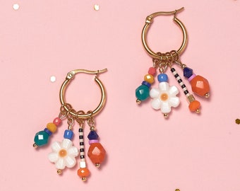 Gift for mom - Handmade Mother of Pearl Daisy Flower Fun and colorful huggie hoops Earrings EAR014