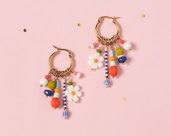 Gift for mom - Colorful Mother of Pearl Daisy Flower Fun and colorful huggie hoops Earrings EAR029