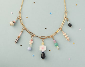 Coquette Floral Necklace- Multi charm Colorful Statement Necklace with pastel charms - Charms Necklace - NCL019