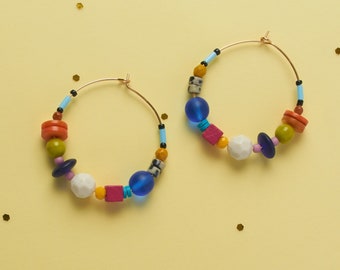 Colorful Beaded Gold Plated Hoop Earrings. Colorful Summer Statement Jewelry - EAR023