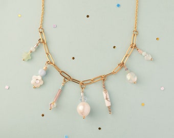 Collier printemps bleu bébé, collier de pierres naturelles, collier de perles, collier à plusieurs breloques, collier de pierres précieuses, collier étoile