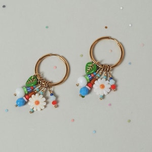 Mother of Pearl Daisy Hoop Earrings: Boho Floral Dangle Earrings