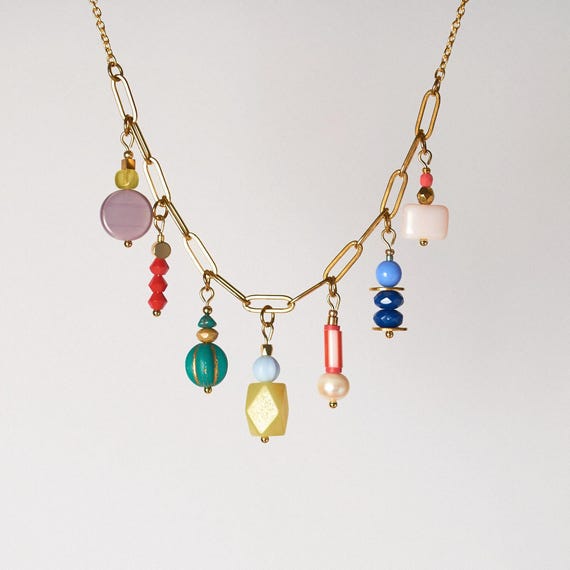 Multi Charm Necklace, Colorful Charm Necklace, Layering Necklace, Handmade Jewelry, Handmade Necklace