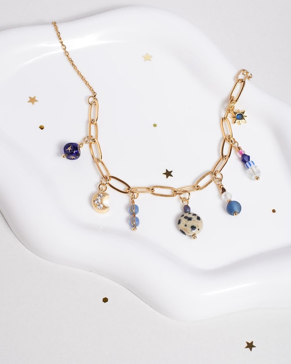 Multi Charm Necklace Gold Moon & Star Dangles with Gold Plated Clip Chain