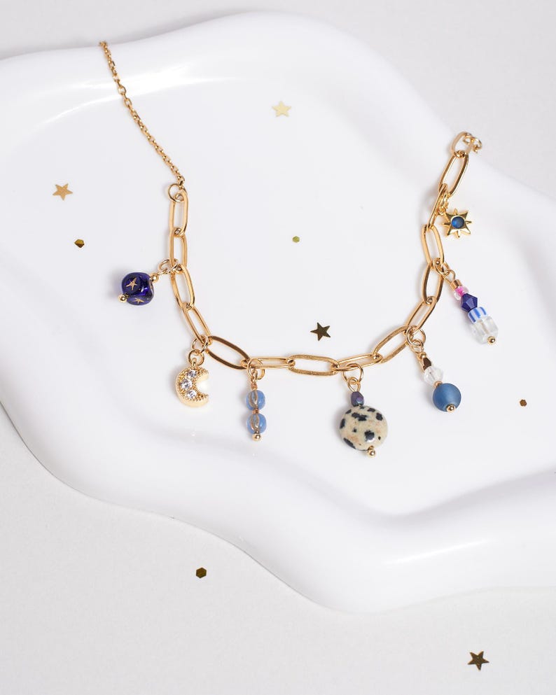 Multi Charm Halskette Gold Mond & Stern baumelt mit vergoldeter Clip-Kette Bild 1