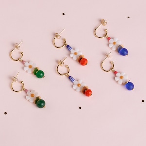 Tiny Hoops, Colorful Handmade Mother of Pearl Daisy Flower Fun and colorful huggie hoops Earrings EAR042
