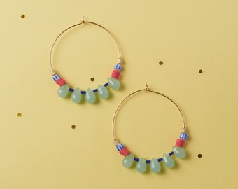 Aquamarine colored Drops hoops, gold plated earrings, statement earrings, colorful jewelry, hoop earrings, Bestfriend gift, EAR 026