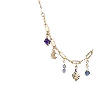 Beaded Charm Statement Necklace: Gold Moon & Star Dangles